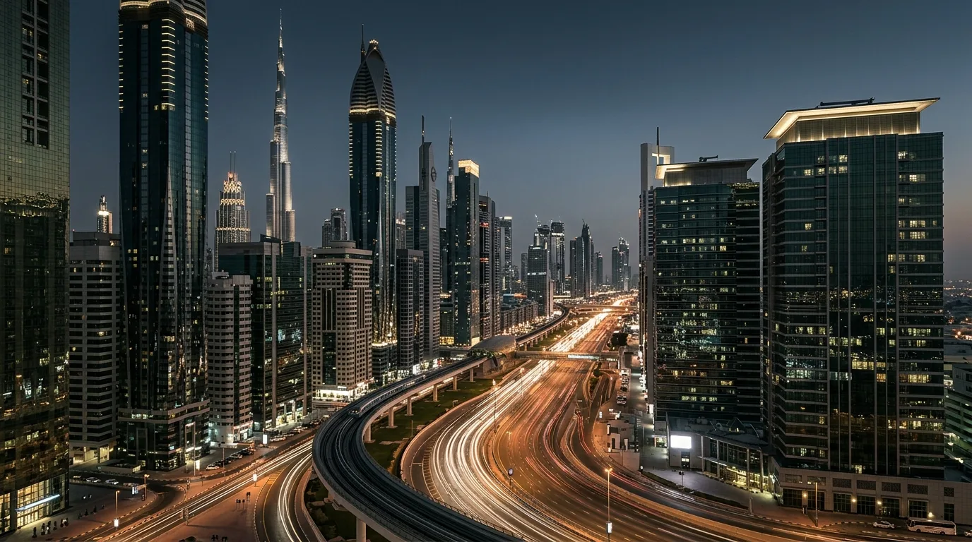 Dubai Night Skyline — Connection Middle East Headquarters